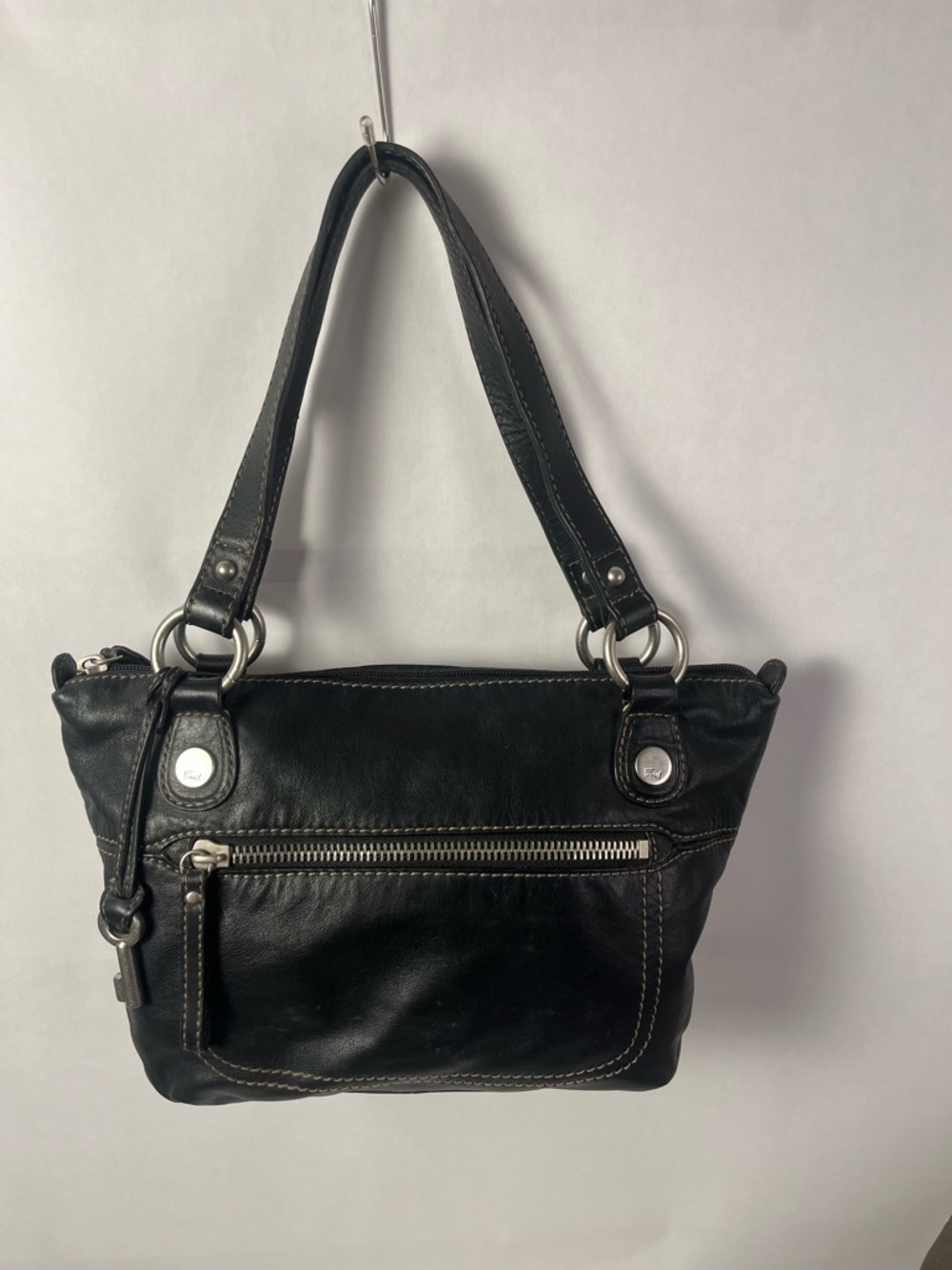 Fossil Black Leather Shoulder Bag with Silver Hardware
